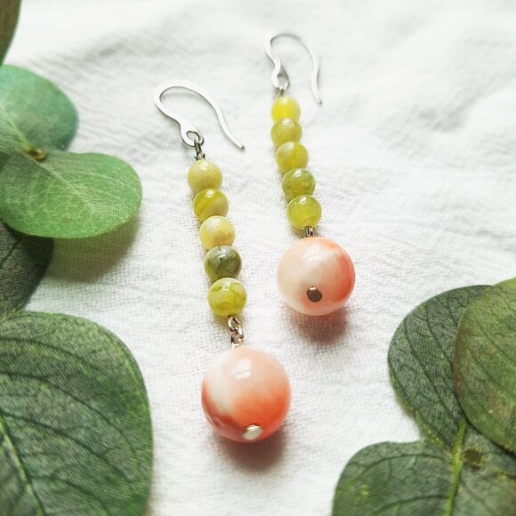 Boho Gemstone Dangle Earrings – Handmade Jewelry, Green & Pink Chalcedony - Picture 7 of 7